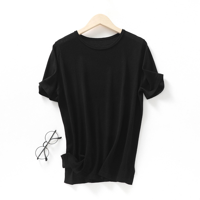 Spring 2025 new Tencel linen crew neck sweater short sleeve you solid color loose pullover base shirt top