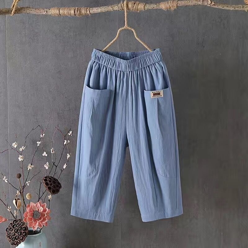Cotton and Linen Cropped Pants for Women, Summer Loose Fit, Plus Size, Elastic Waist, Tapered Harem Pants, Versatile Casual Pants 8207