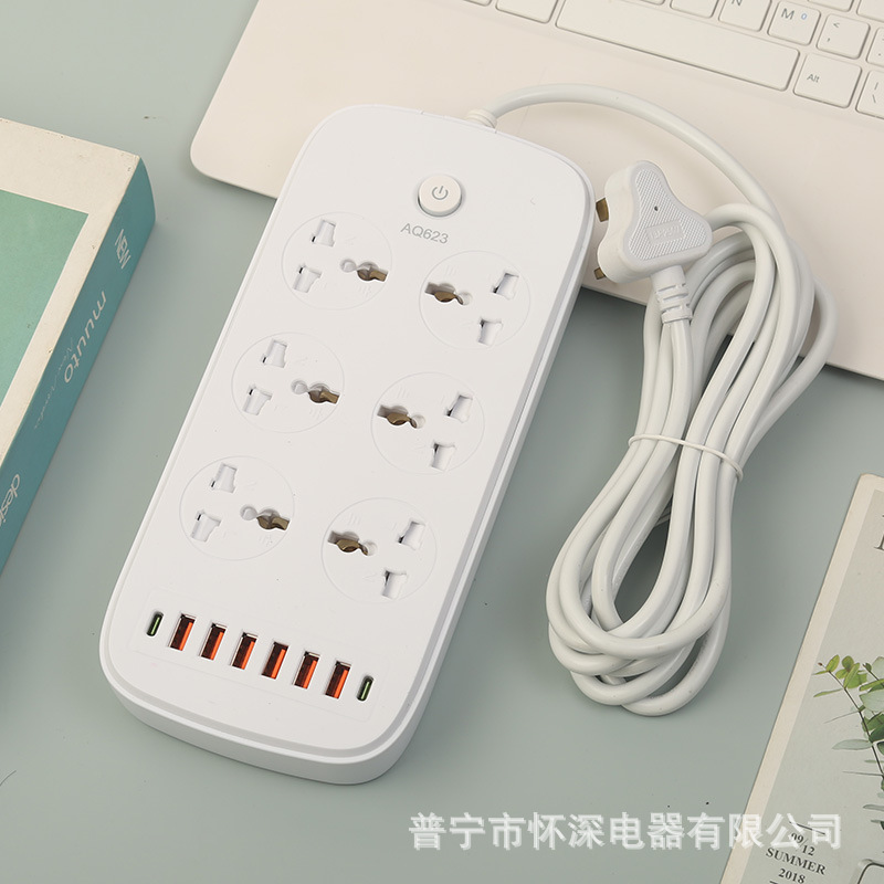 6USB + 2PD enchufe de comercio exterior en blanco y negro opcional con puerta de seguridad caja neutral embalaje estándar estadounidense, estándar británico y estándar europeo enchufe