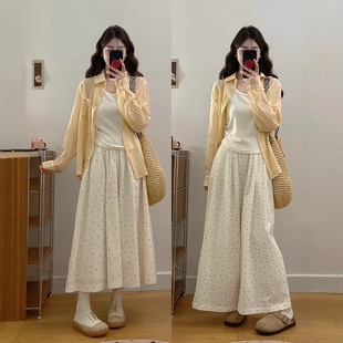 2025 Early Autum Gentle Style Casual Suit Sun Protection Shirt + Bottoming Vest + Wide Leg Pants Skirt Three-Piece Set