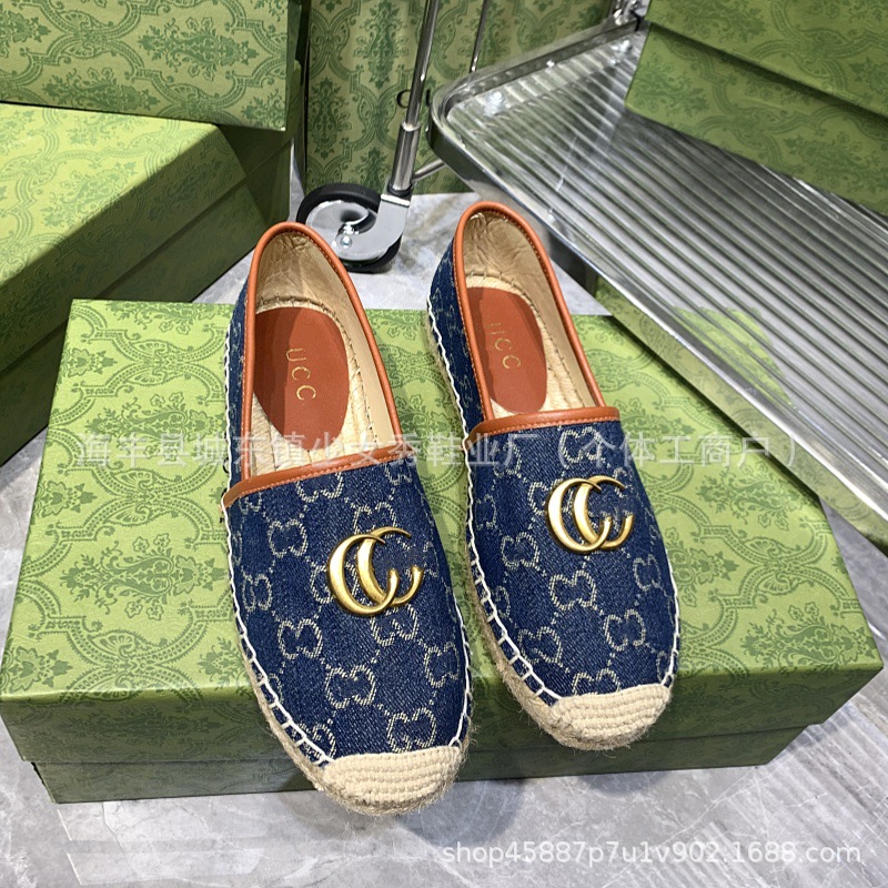 Comercio exterior transfronterizo G bordado estándar estampado zapatos de pescador 2025 suela de goma tejida boca poco profunda zapatos casuales de un solo pedal