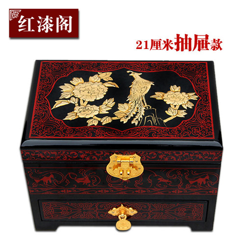 Antique Style Wooden Jewelry Box with Lock, Red Chinese Style Hair Dressing Chest from Pingyao, Shanxi, resembling the Forbidden City Design
