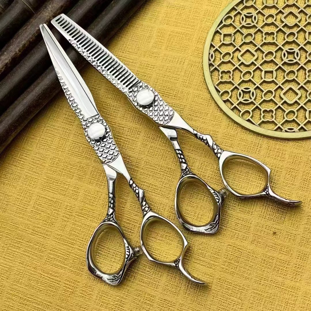 新款美发剪刀 银色小龙柄 数控 6寸理发剪刀 牙剪 平剪 跨境剪刀