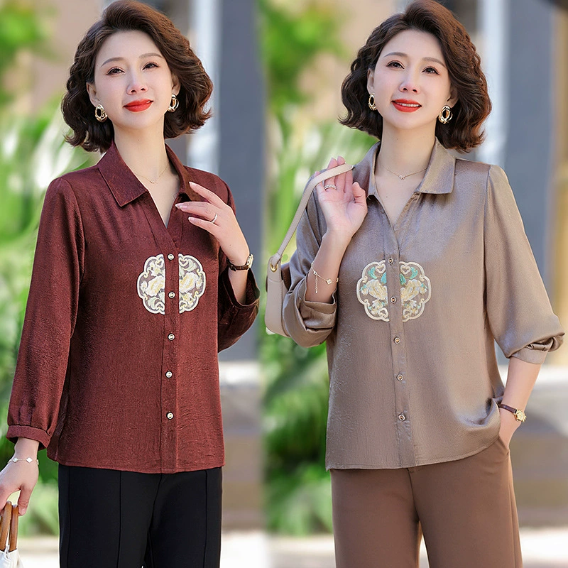 Женщины среднего и пожилого возраста весенние и летние платья свободные мамы с длинными рукавами топ 40 лет 50 плюс размер одежды вышитые рубашки с длинными рукавами