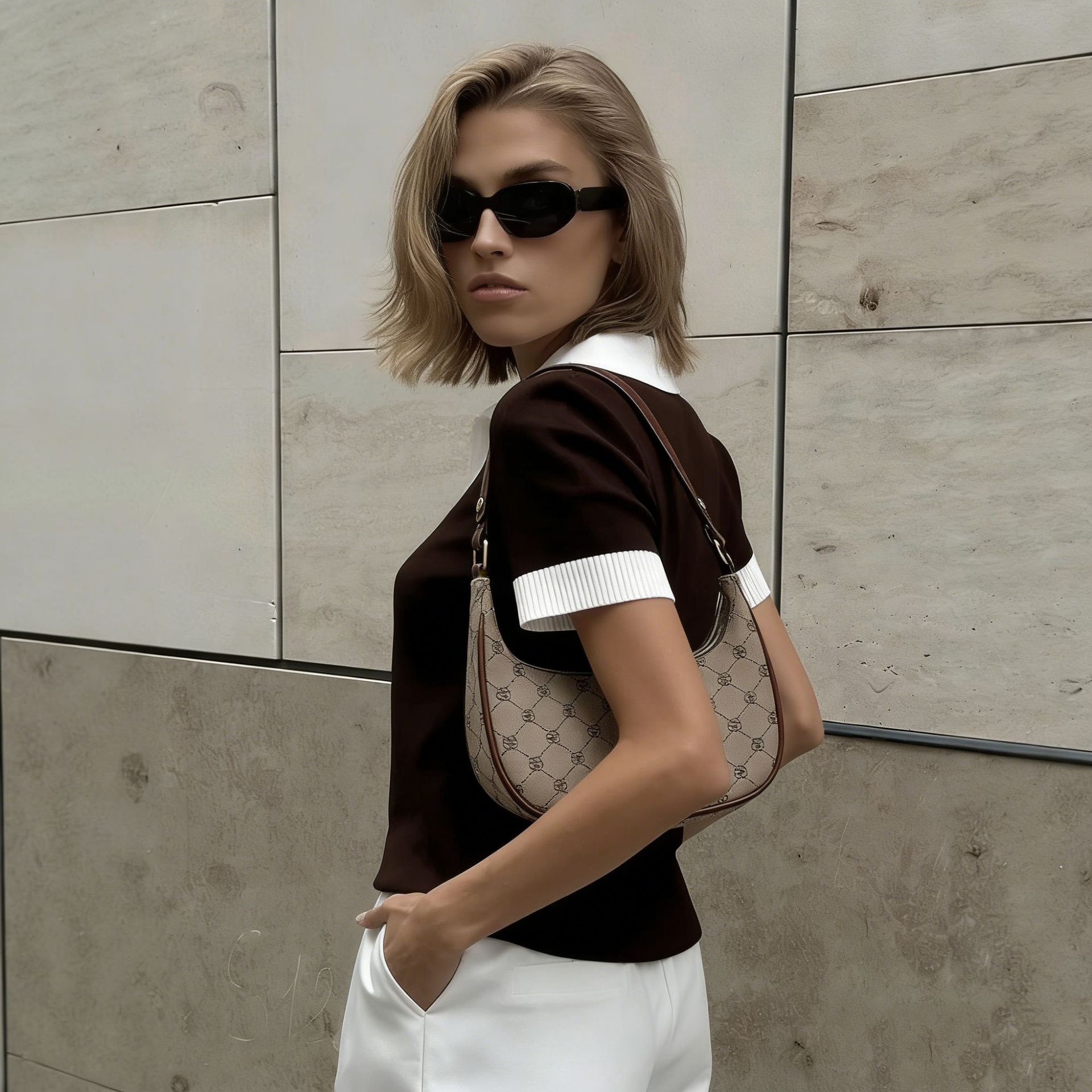 Women's Knitted Cropped Top Color Block Lapel Short-Sleeved Summer Elegant Commuter_voghion.com