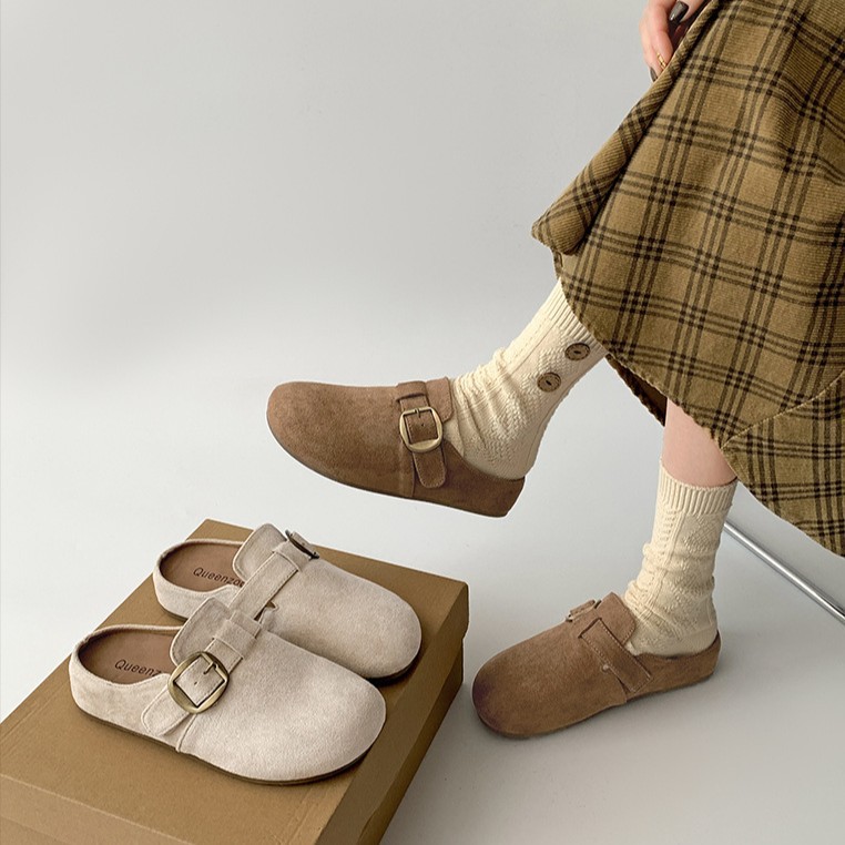 Queen-Style Retro Brown Thick-Soled Half-Slip Birkenstock Shoes for Women 2025 New Autum Outer Wear Heightening Toe-Cap Slippers