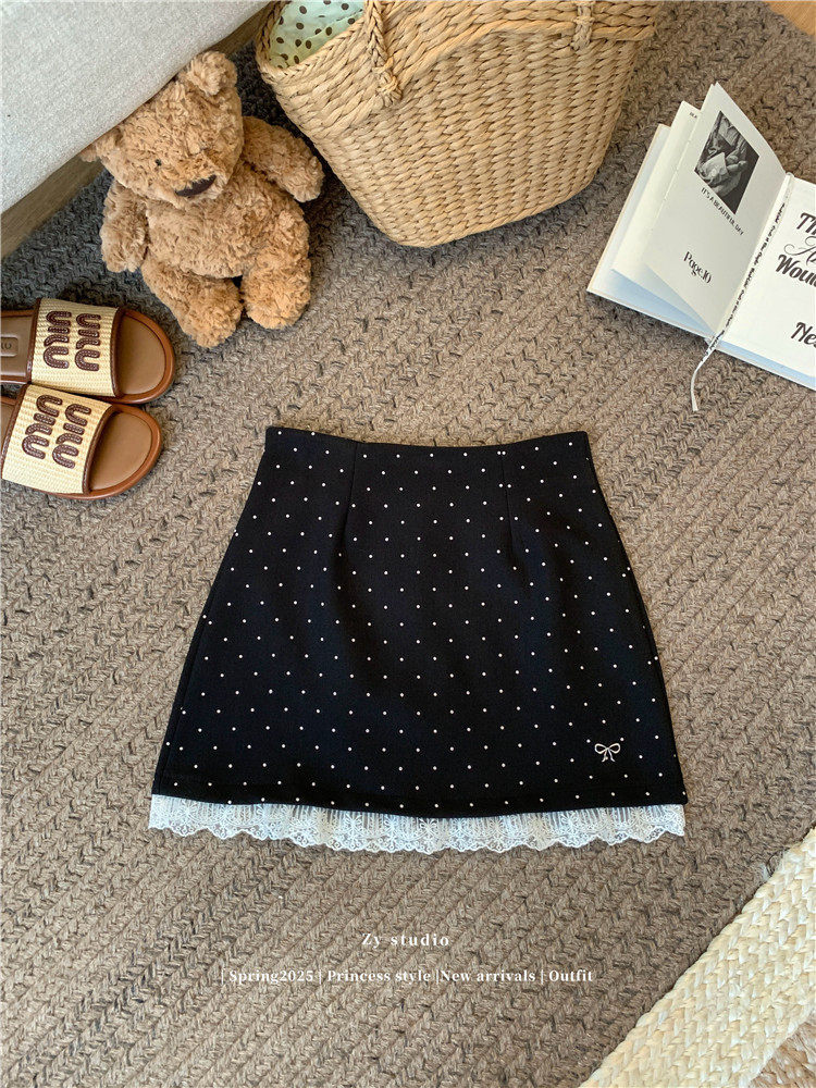 Other Polka Dot Lace Patchwork High Waist A-Line Skirt Black