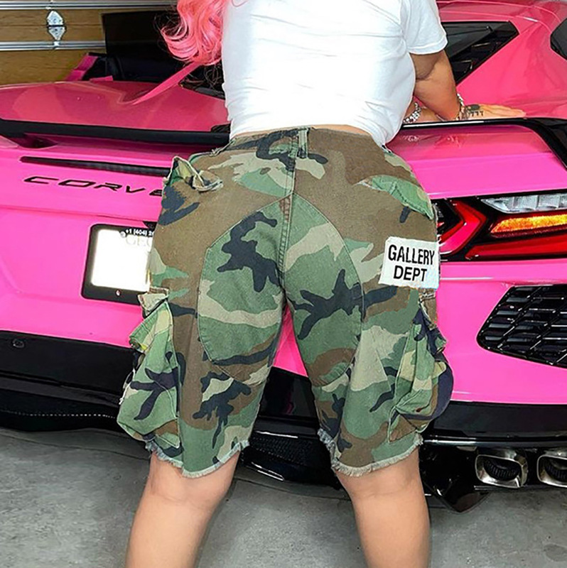 6495Pl European and American Women's Fashion 2024 Autumn Amazon Camouflage Letter Pocket Street Style Shorts Casual Style