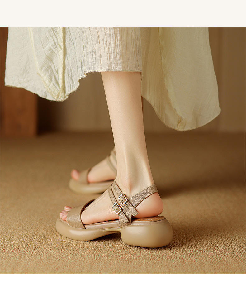 Sandal nữ hở mũi quai ngang gót vuông đế dày da cừu — Màu trắng be chi tiết 10