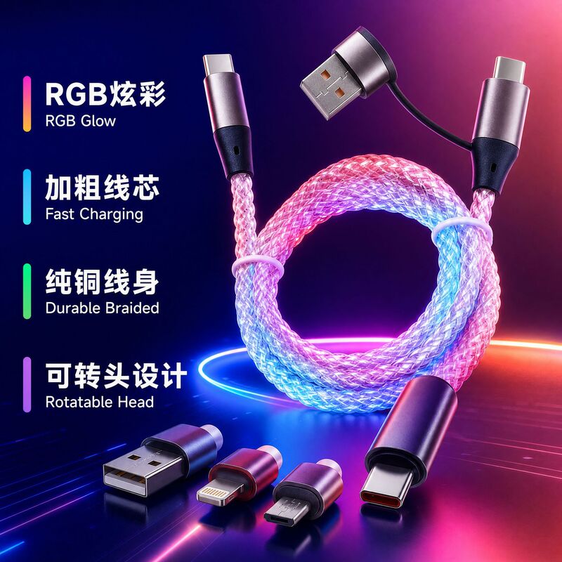 Rgb Customized USB to Typec to Typec Fast Charging Data Cable, One-To-Three Luminous Flowing Light Data Cable