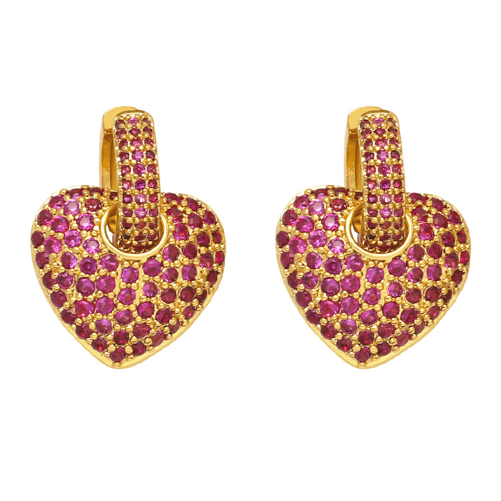 Copper Material Heart Pattern Fashion Micro-inlaid Color Heart-shaped Zircon Copper Earrings