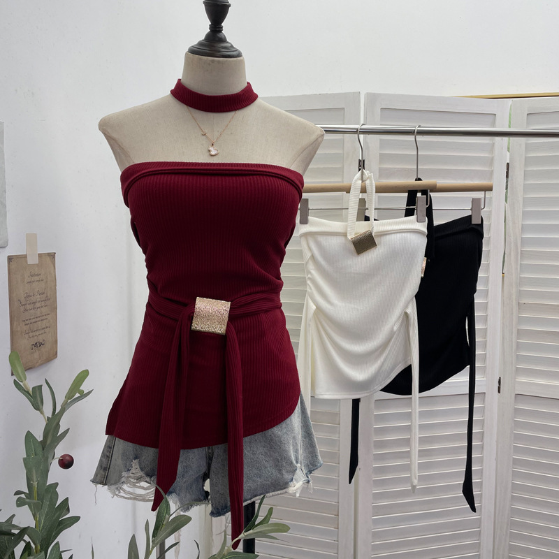 Real Shot of Hot Girl's Knotted Metal Buckle Strap Tube Top Vest with Irregular Neck Strap and Padded Top 9303