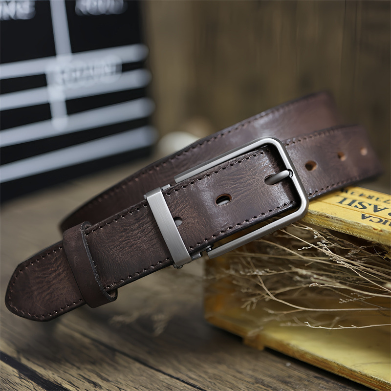 Handmade Top Layer Vintage Vegetable Tanned Pure Cowhide Pin Buckle Men's Workwear Pants Distressed Genuine Leather Belt_voghion.com