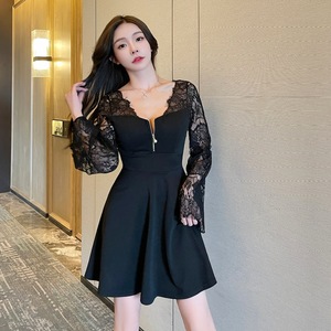 Lace panel front zipper deep V-neck A-line skirt temperament night dress