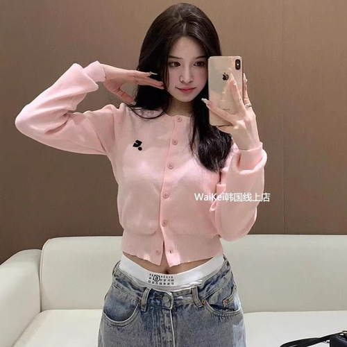 Spring Korea Dongdaemun RR Embroidered Small Logo Short Sleeve Solid Color Waistcoat Knit Cardigan for Women