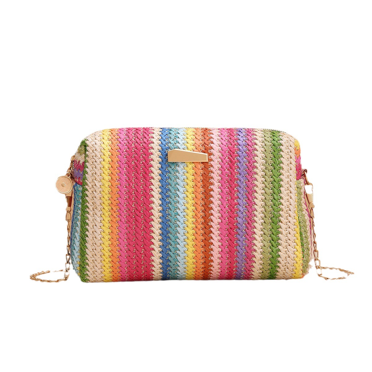 Rainbow straw bag 2023girl handbags woven camera bag versatile girls messenger bag chain bag_voghion.com