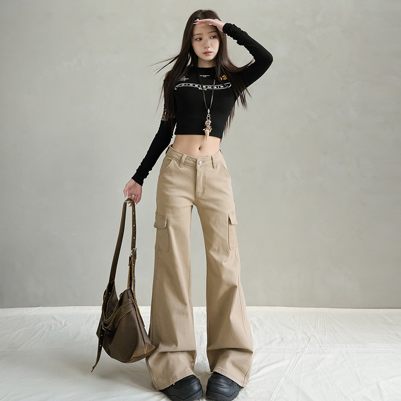 卡其色大口袋工装牛仔裤女2025新款秋冬季宽松拖地休闲弹力喇叭裤|undefined