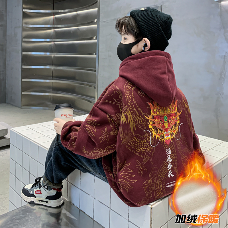 男童加絨衛衣2023冬裝中國風龍年年服連帽上衣中大童男孩一體絨潮