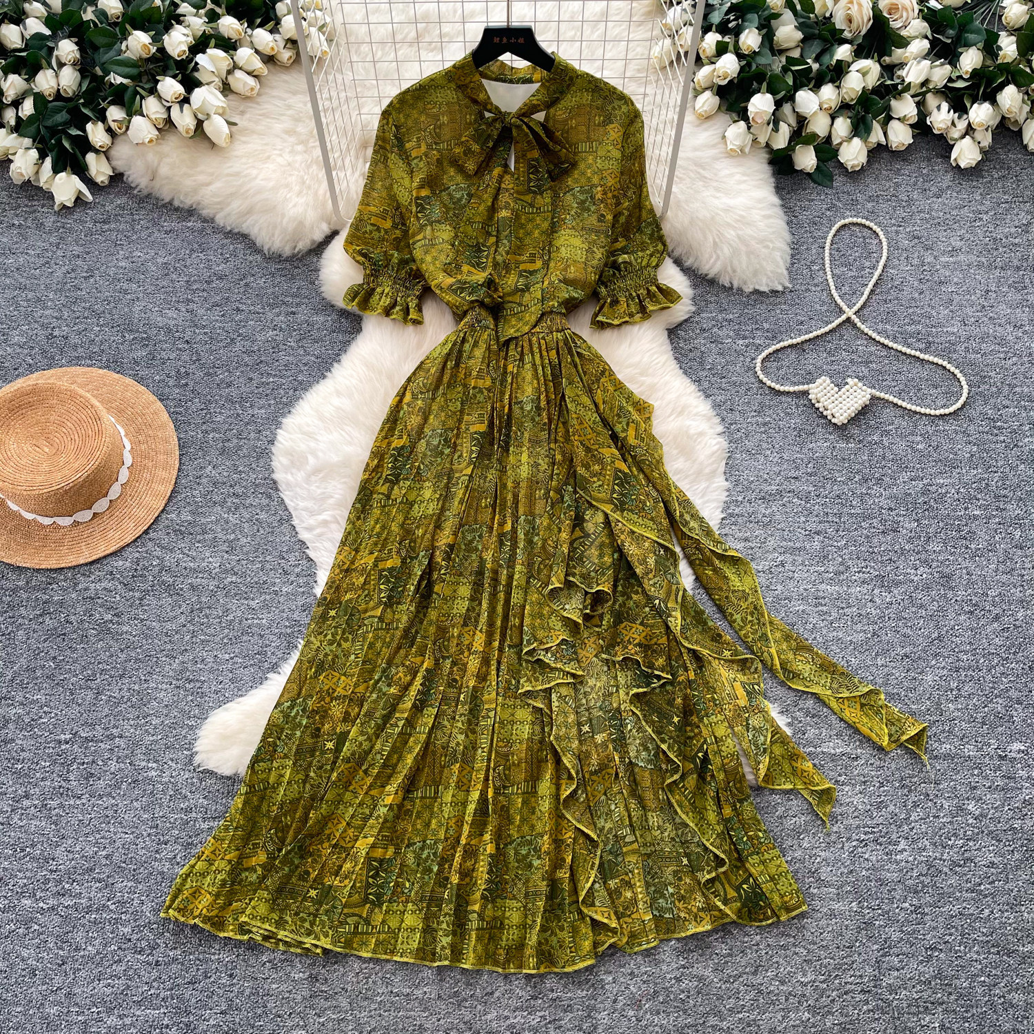 Retro Printed Dress Short Sleeved a Line Skirt Long Slimming Elegant Summer Women's Clothing_ecoleips.com