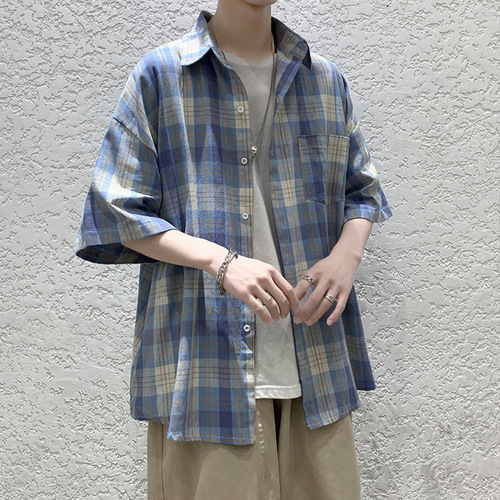 Men's Short-Sleeve Summer Thin Grid Shirt, Streetwear Loose Five-Button Shirt, Hip-Hop Hong Kong Style Half-Sleeve Top