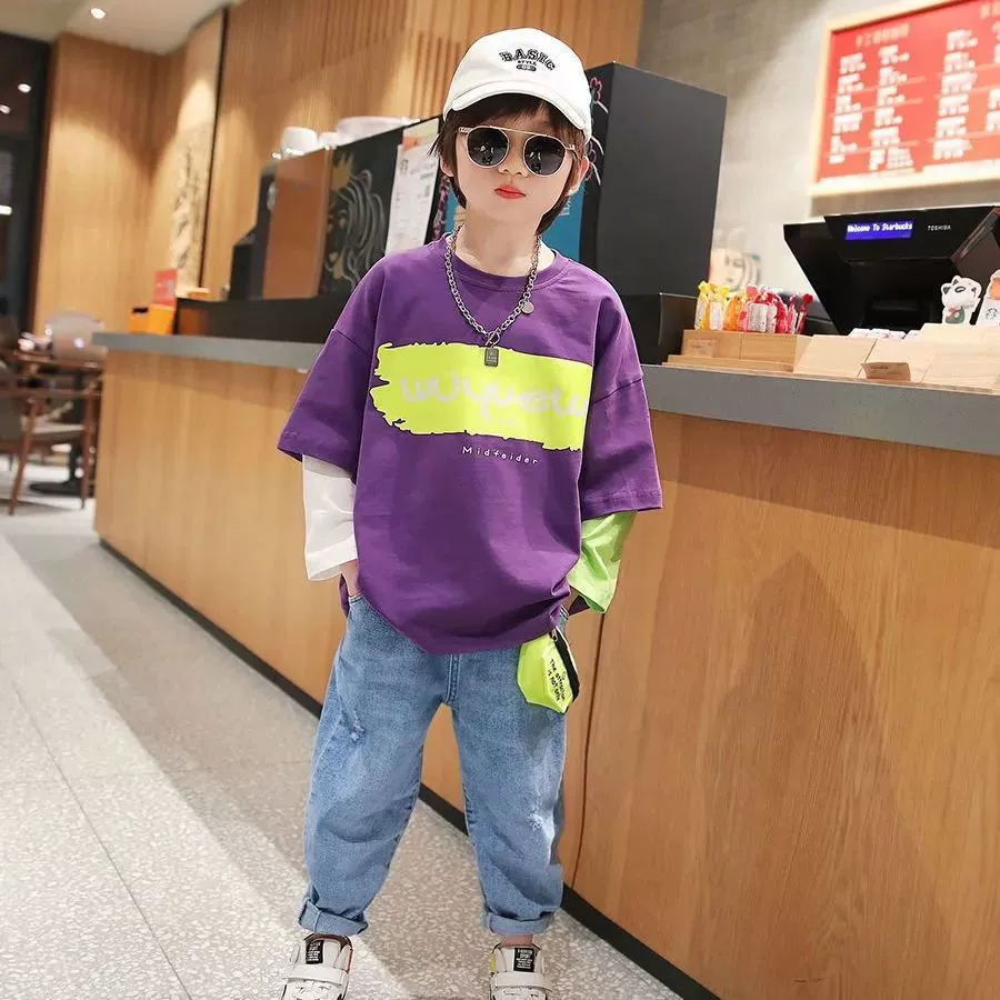 Long-sleeve boys' set, Korean style, 2-piece, sizes 100–160 cm (white/black/purple)