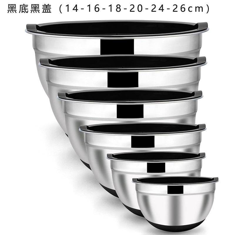 Transfronterizos al aire libre portátil batedor para hornear y cuenca de acero inoxidable silicona fondo ensalada tazón conjunto de cubierta negra
