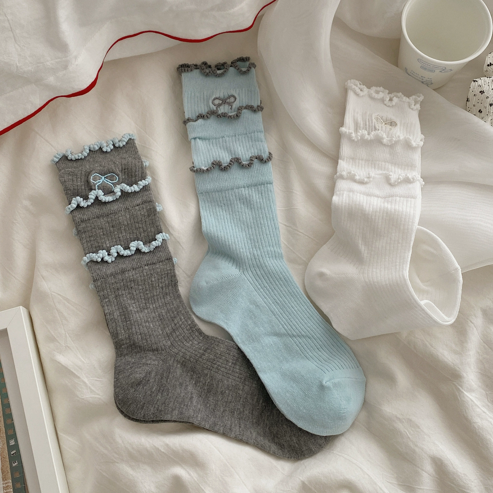 Breathable white summer thin knee socks, mid-length
