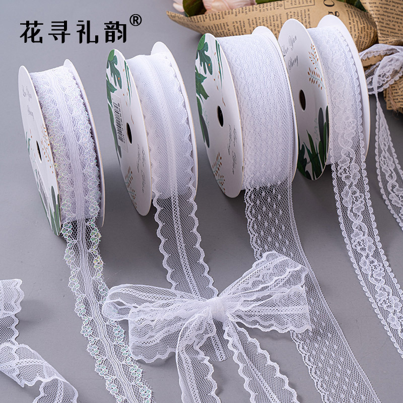 White Lace Gauze Ribbon DIY Packaging Ribbon Bouquet Wrapping Material Hollow-Out Bow Gauze Ribbon Webbing