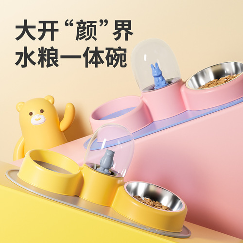 New cartoon stainless steel dog bowl dog bowl cat bowl double bowl automatic drinking bowl cat bowl food bowl water bowl pet supplies