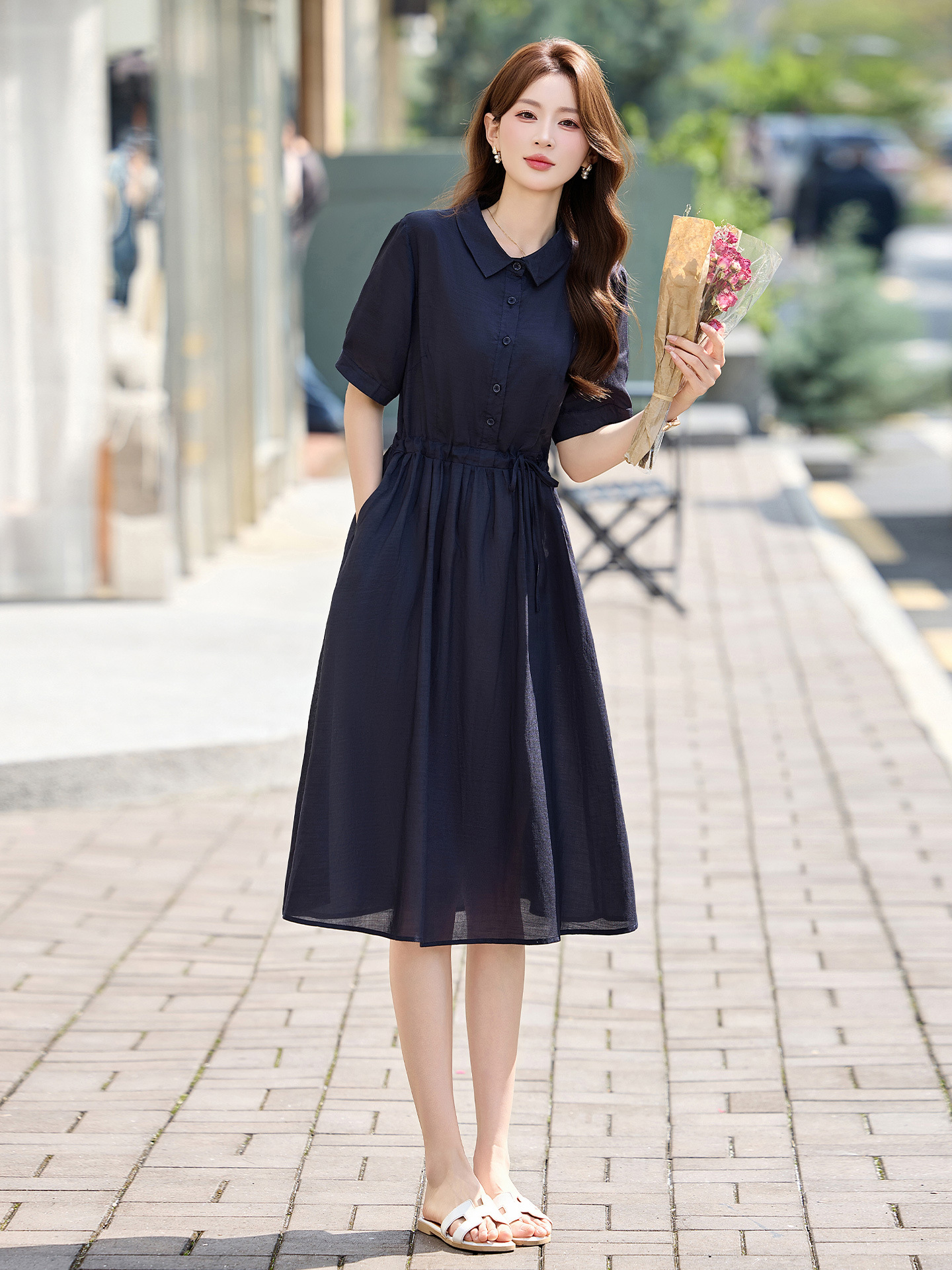 Đầm suông nữ midi dây rút eo cổ điển tay ngắn — Xanh lông mòng đen, màu đỏ
