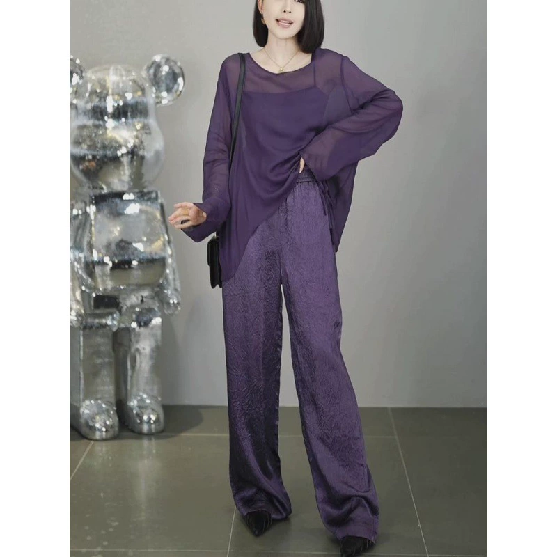 Летняя тонкая прозрачная солнцезащитная блузка Purple Mist для отдыха на шнурке, женская блузка + широкие брюки, комплект из двух предметов