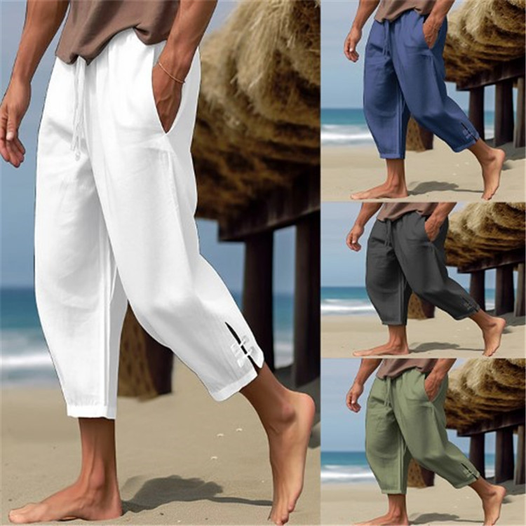 Men's linen summer trousers beach pants solid color trousers split comfortable breathable casual daily vacation pants