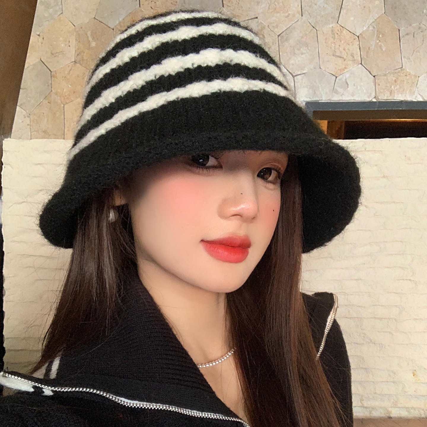 Cappello da pescatore in peluche retrò a righe in stile giapponese per donna, autunno e inverno, caldo, versatile, a tesa larga, snellente per il viso_voghion.com