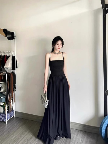 Elegant Black Strap Dress for Women - Summer French Hepburn Gentle Style Beach Vacation - Very Stylish Long Dress