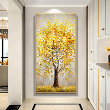 玄关装饰画道发财树手绘油画走廊壁画简约轻奢过现代竖版客厅挂画