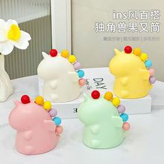 キュートなユニコーンフルーツフォーク収納瓶付きフォークセット 子供用ステンレス製デザートフォーク 子供用ステンレスフォーク