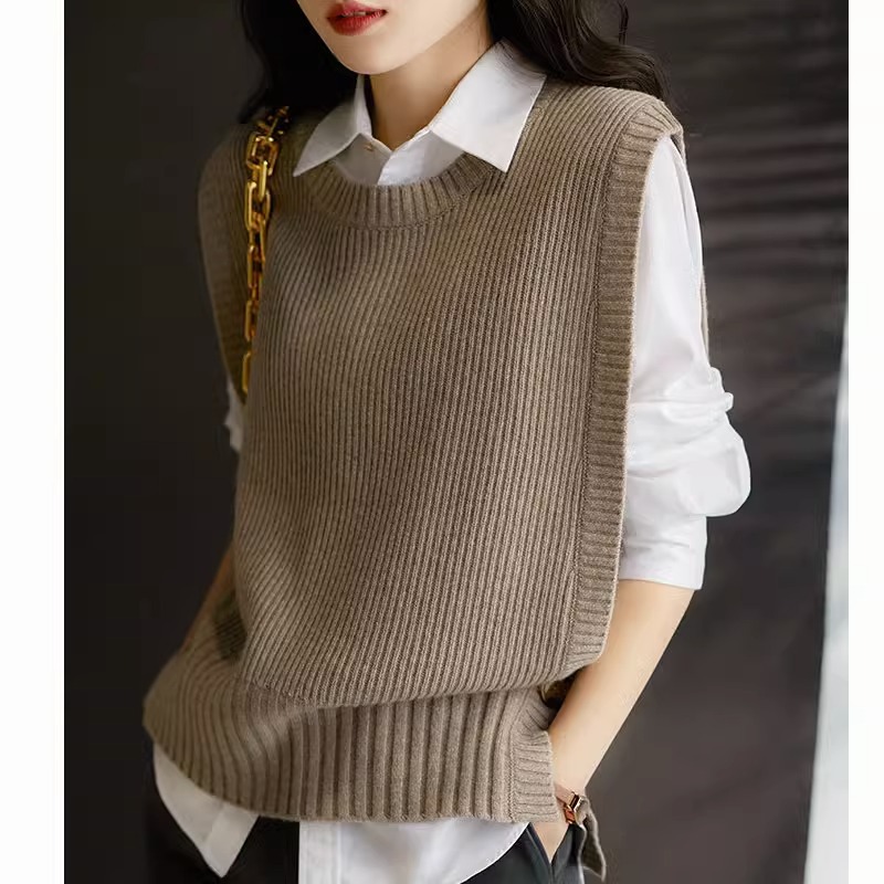 Estilo francés pit suéter Chaleco de las mujeres del otoño y el invierno de la moda apilados sueltos suéter exterior ocasional sin mangas chaleco