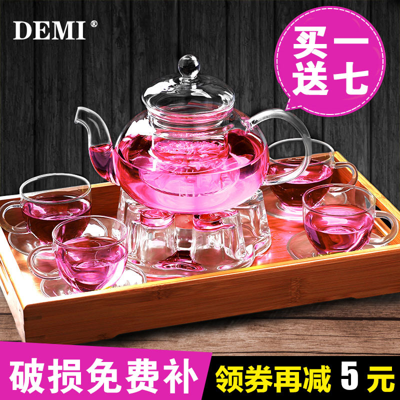 加厚玻璃茶具水果红草花茶壶套装整套耐热高温过滤功夫家用