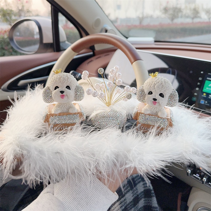 Car Ornaments with Diamonds, Teddy Dog Head-Shaking Dog Figurine, High-End Car Decorations for Female Drivers, Interior Car Decoration Items for Women