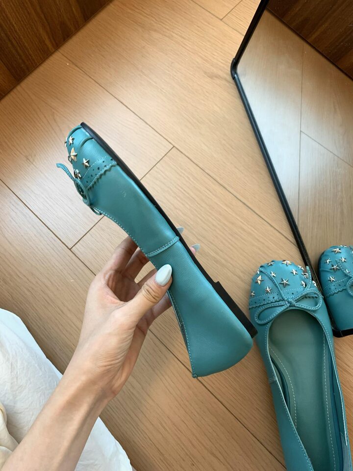 Giày búp bê nữ mũi tròn cổ thấp đính nơ, đinh tán và ngôi sao, đế bằng gót thấp — Màu xanh dương, màu đen chi tiết 8
