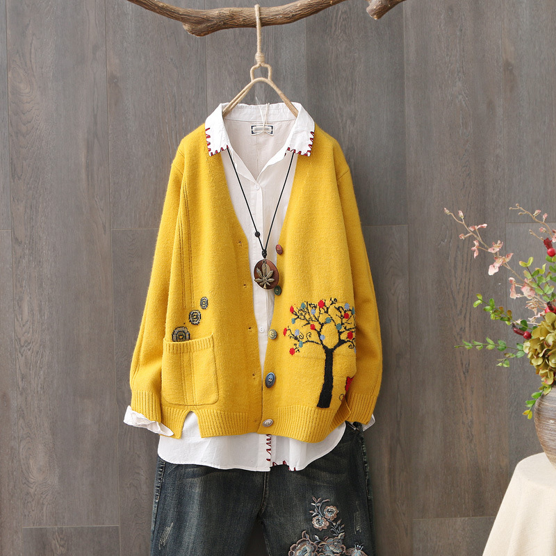 刺繡針織開衫女2021秋冬裝新款寬松女士毛衣外套初秋二月八外套女