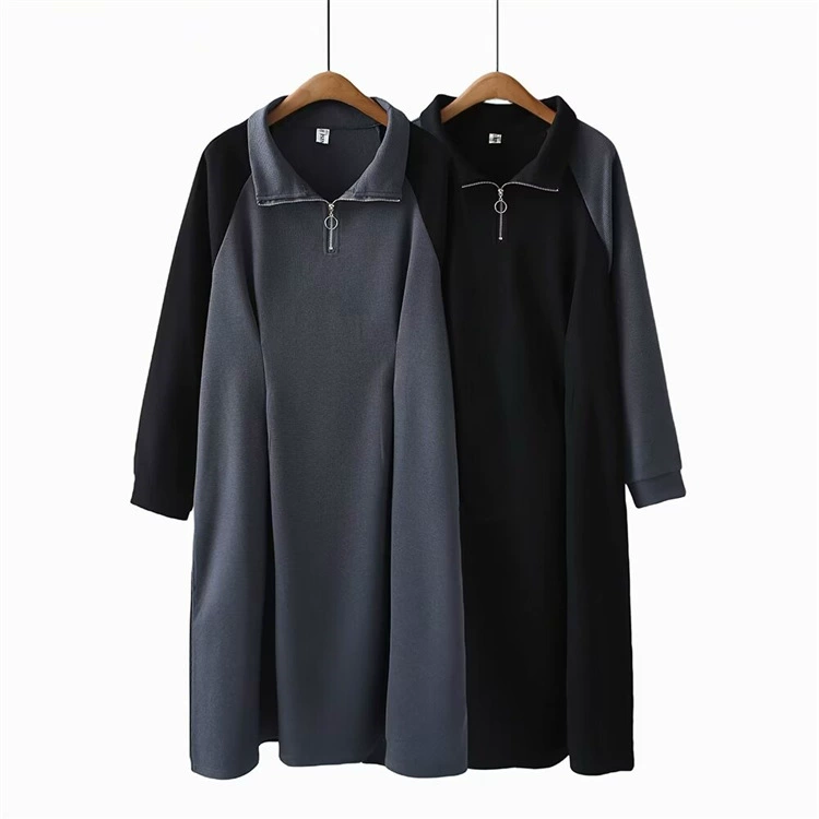 Корейский стиль плюс размер Повседневное платье пухлые девушки Весна мясо покрытие цвет соответствия молнии пуловер отворот платье 2615