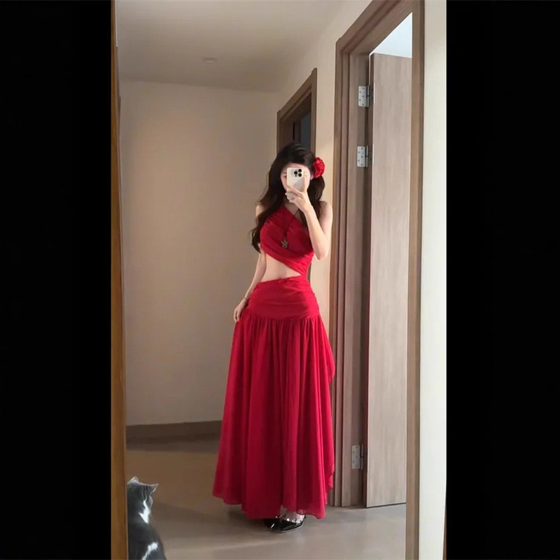 Summer New Romantic Waist Slimming Slanted Shoulder Splicing Mesh Long Irregular Elegant High-End Dress for Women