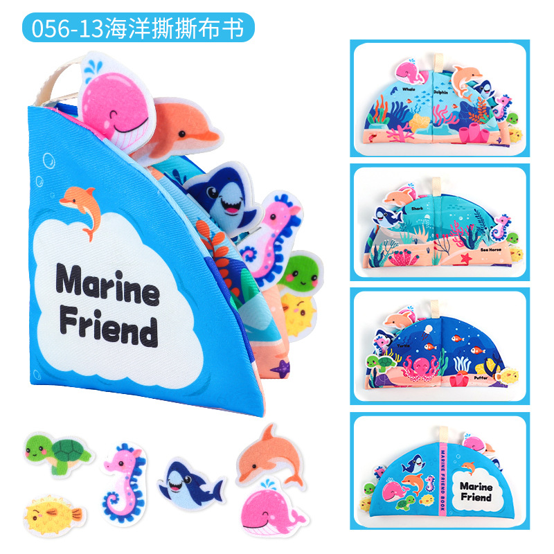 Libro de tela para bebés Velcro desgarrador libro animal marino frutas libro tridimensional puede morder libro de palma de la mano para niños pequeños