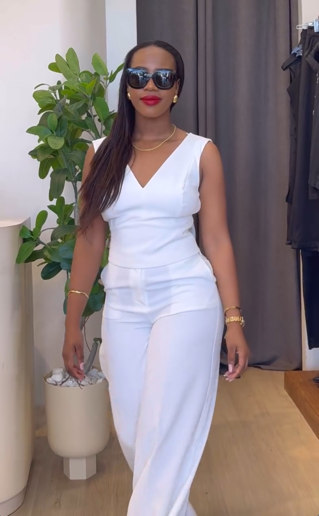 Women Clothing Spring Solid Color Backless Bow Top Wide Leg Trousers Casual Suit