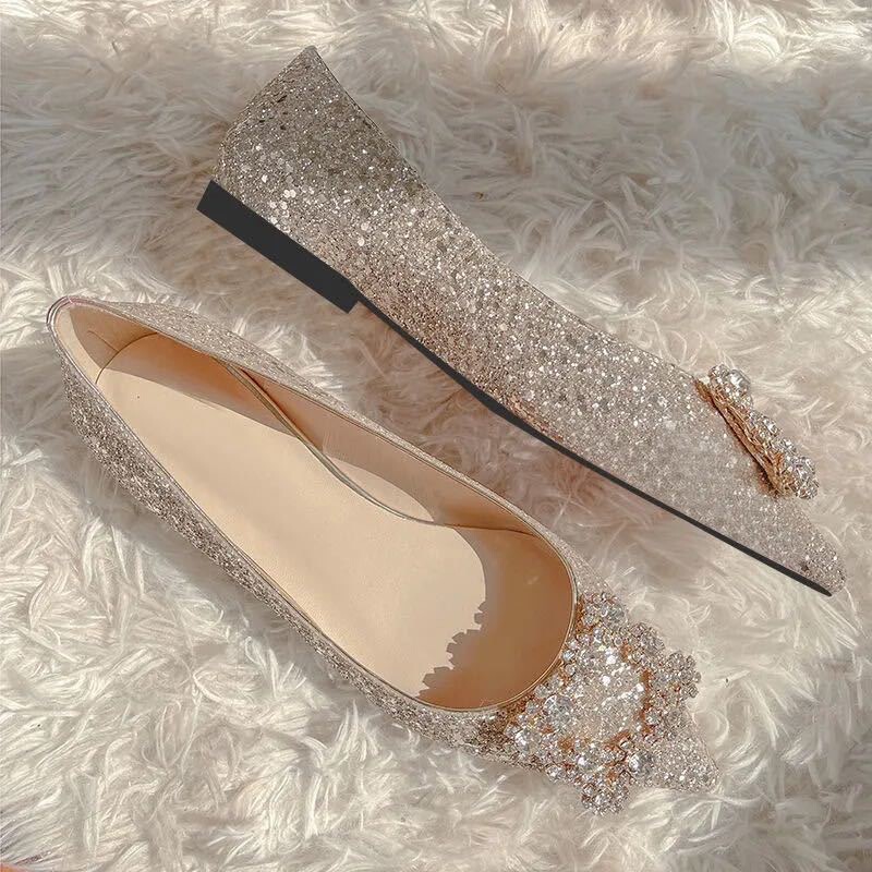 Wedding Shoes for Women 2025 New Style Rhinestone Pearl Pointed Toe Flats Shoes for Female Bridesmaids High and Low Heel Shallow Mouth Crystal Sequin Shoes