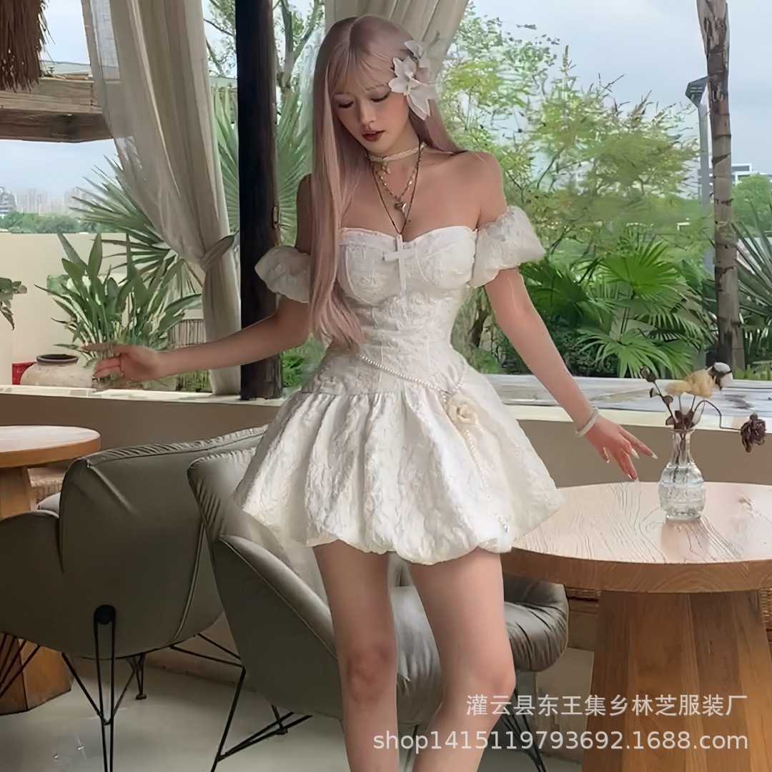 French-style new gentle white moonlight doll dress, tulle summer skirt, jacquard bubble princess tulle skirt