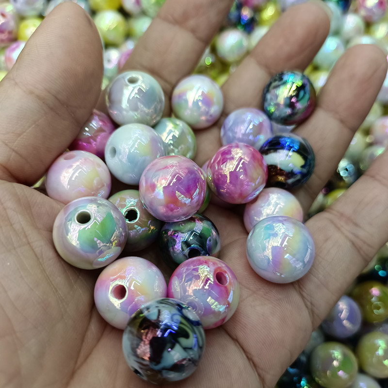 16mm镀UV彩双色直孔圆珠 DIY手工串珠散珠手机链手链项链饰品配件