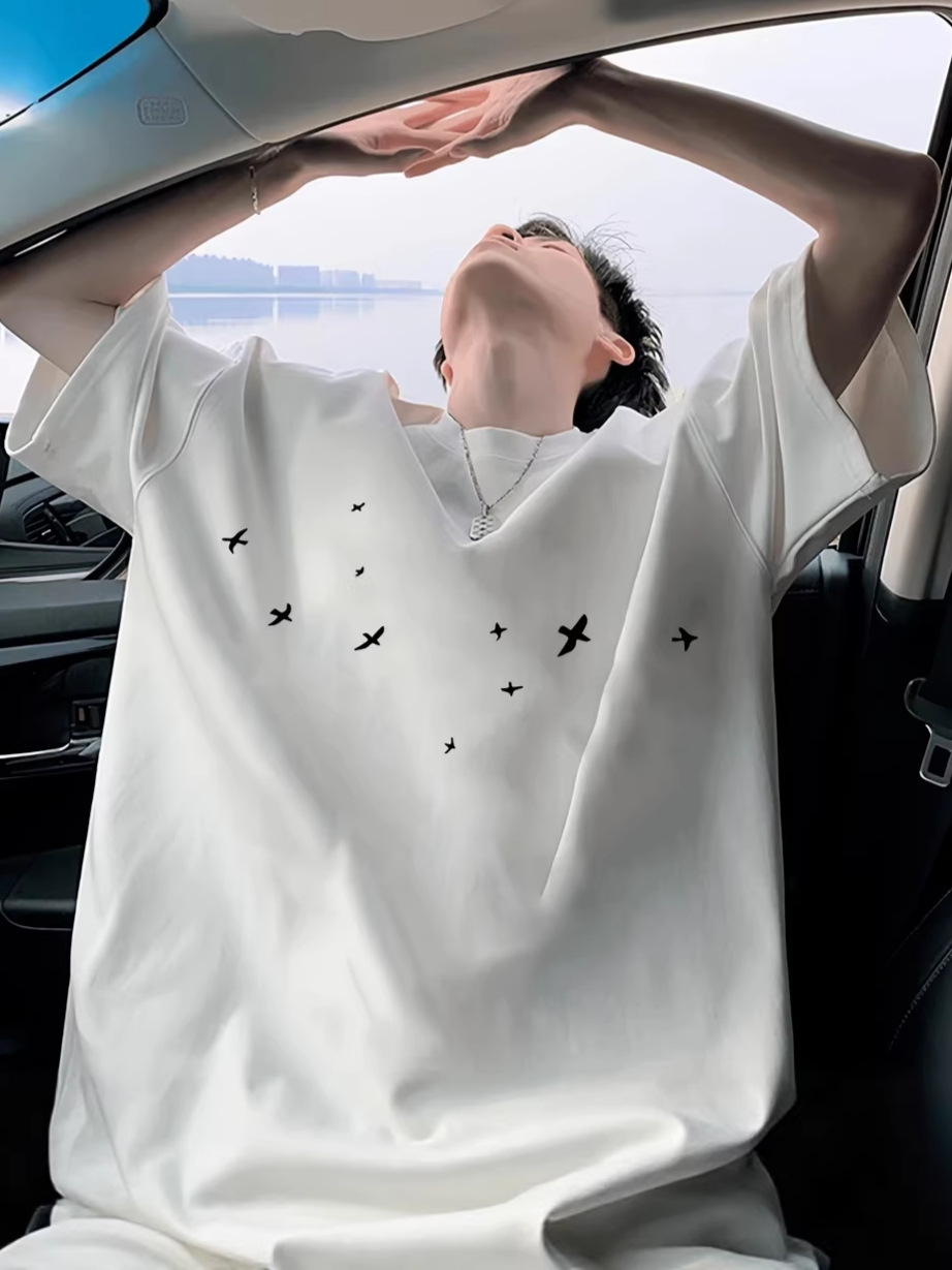 Pure Cotton Round Neck Short-Sleeved T-Shirt for Men in Summer, American Trendy Design, Loose Swallow Print Pullover Half-Sleeved Top