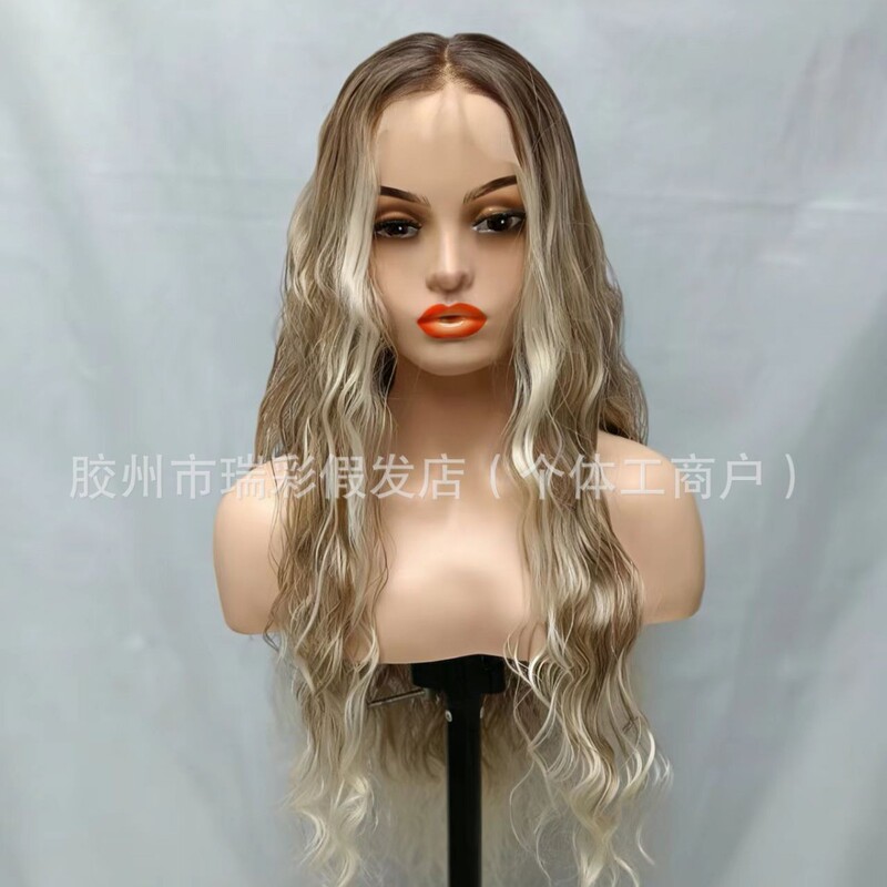 13*4 Front Lace Wig Light Brown Golden Highlights Wavy Fluffy Synthetic Hair Wig Cross-Border Wholesale Dropshipping